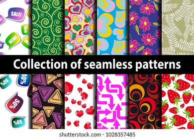 Collection seamless patterns on different topics.