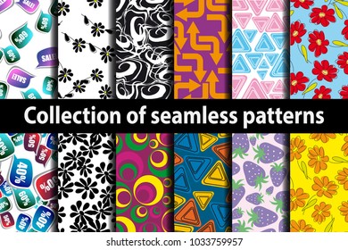 Collection seamless patterns on different topics.