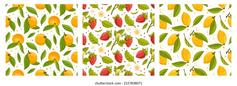 Collection of seamless patterns with orange fruits, strawberries and lemons on white background. Fresh citrus. Exotical tropical plant. Design for wrapping paper, print, textile. Vector illustration.