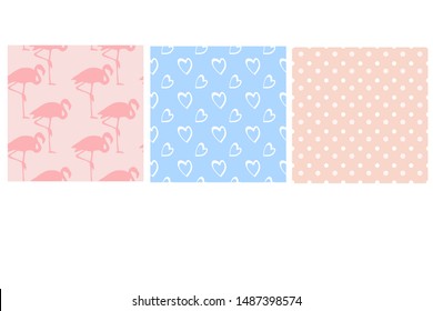 Collection of seamless patterns in pale pink, in vector