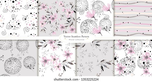 Collection of seamless patterns.  Seamless pattern with flowers and leaves. Floral background for Wallpaper,paper and fabric. Vector drawing on a delicate background , tiles.