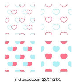 collection of seamless patterns of pink and blue hearts on a white background