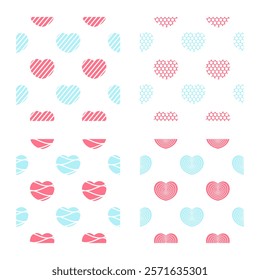 collection of seamless patterns of pink and blue hearts on a white background