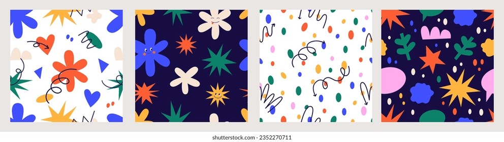 Collection of seamless patterns with playful abstract shapes, arrows, squiggles. Vector illustration.