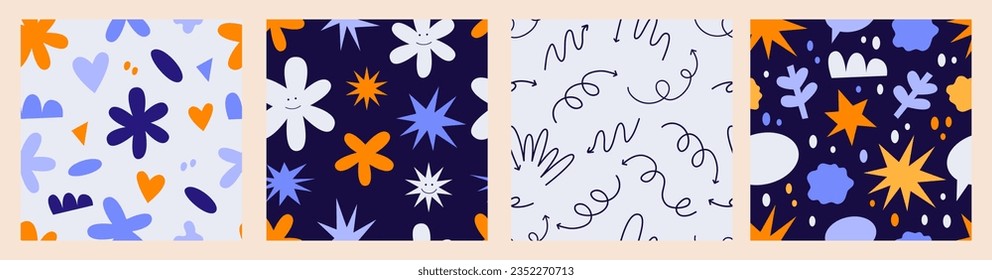 Collection of seamless patterns with playful abstract shapes, arrows, squiggles. Vector illustration.