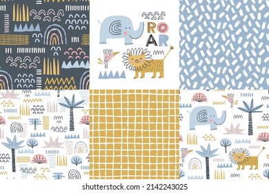 Collection of seamless patterns and print with African animals and abstract geometric textures in cartoon flat style. Lion, elephant, bird, palm tree, rainbow, savannah plants vector backgrounds.