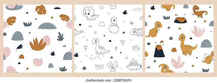Collection of seamless patterns and print with dinosaurs and palm tree, volcano. Childish seamless pattern for fabric, paper, wrapping, clothing, textile, wallpaper.