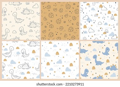 Collection of seamless patterns and print with dinosaurs and abstract geometric textures, cloud, monstera leaves. Childish seamless pattern for fabric, paper, wrapping, clothing, textile, wallpaper.