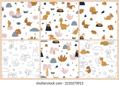Collection of seamless patterns and print with dinosaurs and palm tree, volcano. Childish seamless pattern for fabric, paper, wrapping, clothing, textile, wallpaper.