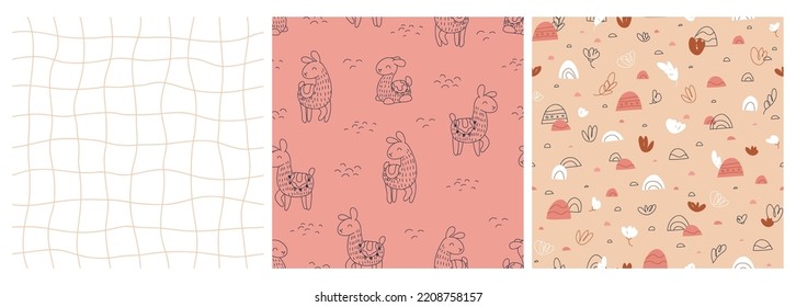 Collection of seamless patterns and print with llama and abstract geometric textures. Childish seamless pattern for fabric, paper, wrapping, clothing, textile, wallpaper. Vector illustration