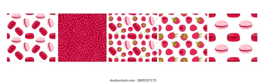 Collection of seamless patterns with raspberry macarons. Sweet French pastry designs. Cute dessert backgrounds, Vector illustration set for bakery wallpaper, gift wrap, cafe branding, pastry packaging