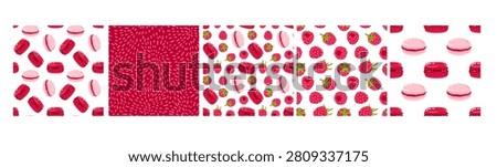 Collection of seamless patterns with raspberry macarons. Sweet French pastry designs. Cute dessert backgrounds, Vector illustration set for bakery wallpaper, gift wrap, cafe branding, pastry packaging