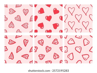 Collection of seamless patterns with red hearts on pink background