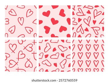 Collection of seamless patterns with red hearts on pink background in doodle style

