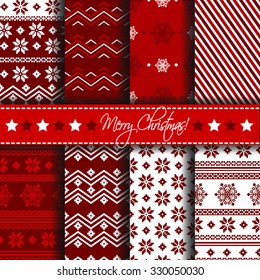 Collection of seamless patterns with red and white colors. Merry Christmas and Happy New Year set of winter holiday backgrounds. Vector illustration. Vector seamless pattern