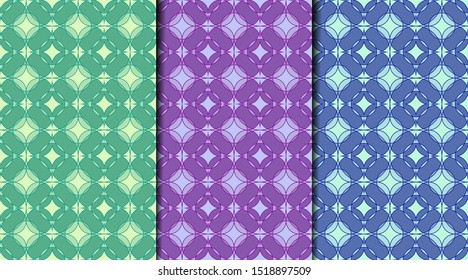 Collection seamless patterns with rounded colorful ornament. Template for prints, textile, package, cover, greeting cards, wallpaper. All patterns in a swatch panel.