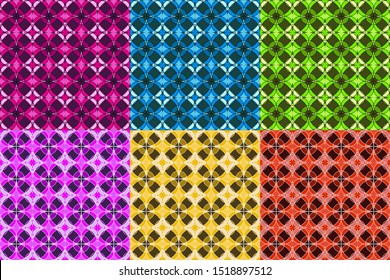 Collection seamless patterns with rounded colorful ornament. Template for prints, textile, package, cover, greeting cards, wallpaper. All patterns in a swatch panel.