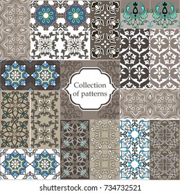 A collection of seamless patterns. Set of vector tiles, patchwork pattern.Floral wallpaper. Decorative ornament for fabric, textile, wrapping paper. 