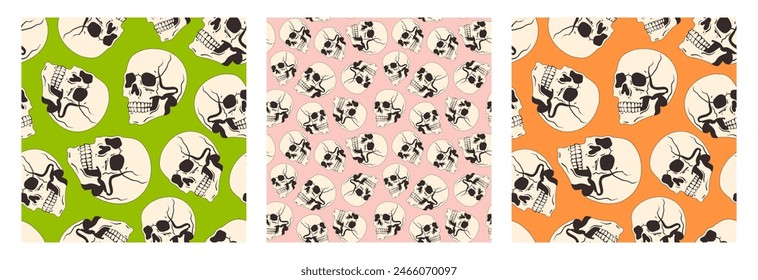 Collection of seamless patterns with skulls on green, orange, and pink backgrounds. Halloween seamless pattern with skulls. Lots of skulls. Spooky designs for printing and textiles for Halloween