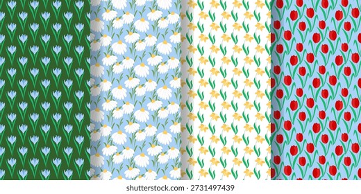 Sammlung von nahtlosen Mustern mit Frühlingsblumen. Helle, bunte florale Hintergründe. Drucke mit Schneetropfen, Tulpen, Narzissen, Krokussen für Textilien, Verpackungen, Papier, Tapeten, Design. Vektorgrafiken