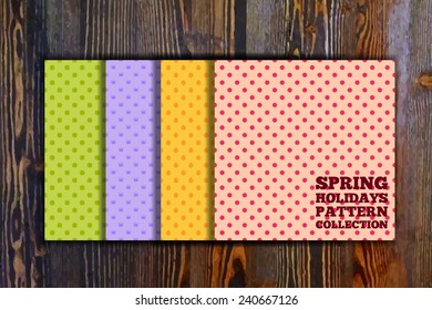 Collection of seamless patterns for spring holidays - St. Patricks Day, April Fools Day, Easter, Mother's day 