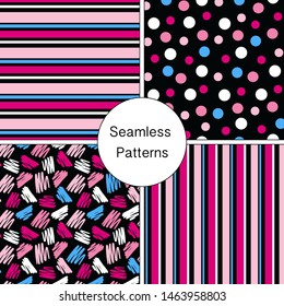 Collection of seamless patterns. Striped pattern, polka dot pattern. Vector illustrations