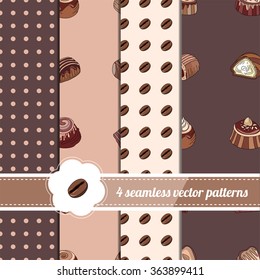 Collection of seamless patterns with stylized chocolate candies. Endless texture for your design, announcements, greeting cards, posters, advertisement.