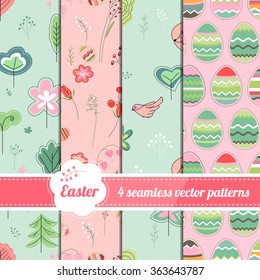 Collection of seamless patterns with stylized cute trees,eggs and birds. Endless easter texture for your design, announcements, greeting cards, posters, advertisement.