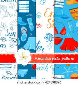 Collection of seamless patterns with summer holiday symbols. White, blue and red color. Endless texture for your design, announcements, greeting cards, posters, advertisement.