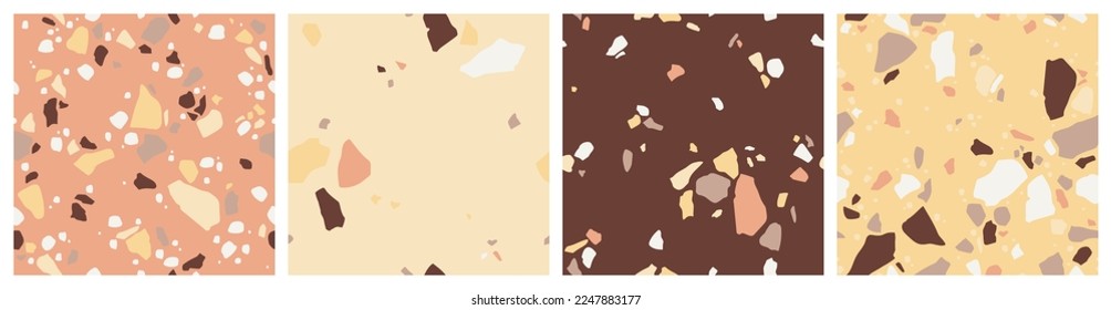 Collection of seamless patterns, terrazzo background set, the repeating texture of a classic Italian Venetian style floor made of natural stone, granite, quartz, marble, glass and concrete.
