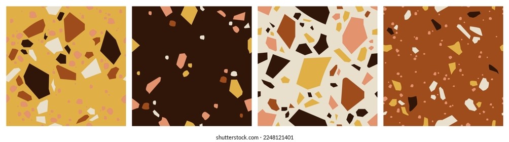 Collection of seamless patterns, terrazzo background set, the repeating texture of a classic Italian Venetian style floor made of natural stone, granite, quartz, marble, glass and concrete.