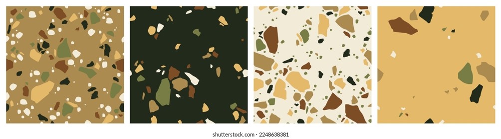 Collection of seamless patterns, terrazzo background set, the repeating texture of a classic Italian Venetian style floor made of natural stone, granite, quartz, marble, glass and concrete.