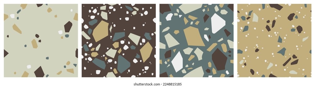 Collection of seamless patterns, terrazzo background set, the repeating texture of a classic Italian Venetian style floor made of natural stone, granite, quartz, marble, glass and concrete.