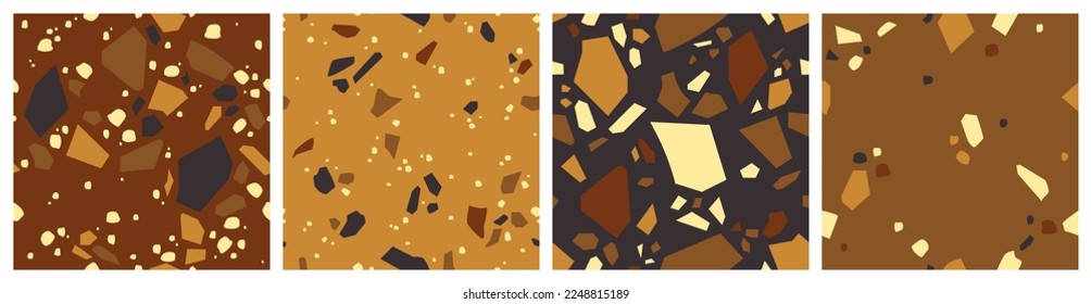 Colección de motivos impecables, conjunto de fondo de terrazo, textura repetitiva de un suelo clásico de estilo veneciano italiano de piedra natural, granito, cuarzo, mármol, vidrio y hormigón.