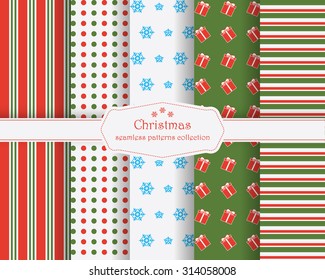 Collection of seamless patterns in the traditional holiday colors: red, green and white. Vector seamless patterns for christmas cards and gift wrapping paper. Merry Christmas and Happy New Year!