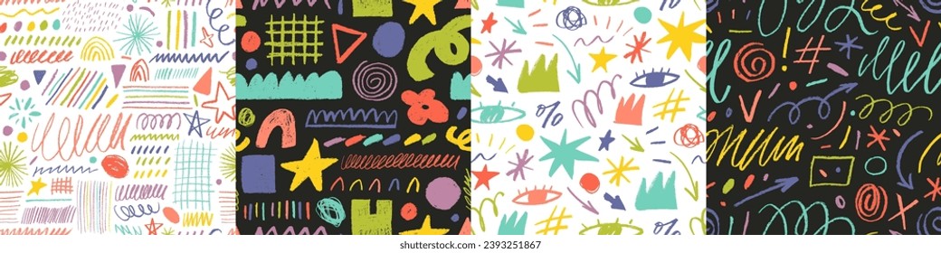 Collection of seamless patterns with various colorful charcoal shapes and lines. Hand drawn crowns, squiggles, curly lines and stars. Memphis style childish backgrounds. Scratchy strokes wallpapers.