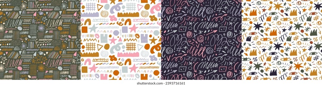 Collection of seamless patterns with various colorful charcoal shapes and lines. Hand drawn crowns, squiggles, curly lines and stars. Memphis style childish backgrounds. Scratchy strokes wallpapers.