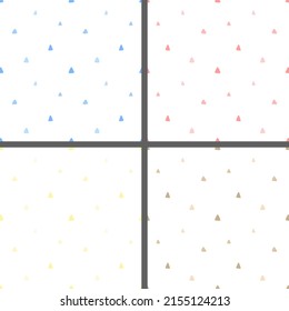 Collection of seamless patterns. Vector image of yellow, beige, blue and pink triangles for girls and boys. Holiday concept, baby shower, birthday, wrappers, print, clothes, cards, banner, textiles