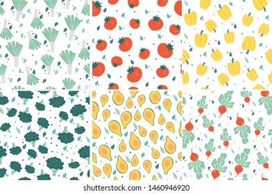 Kollektion nahtloser Gemüsemuster.  Tomaten, Pfeffer, Broccoli, 
Avocado, Radieschen, Bauch. Für vegetarische Produkte, Geschäfte und Websites 