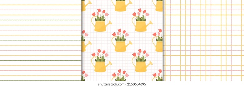 Collection of seamless patterns with watering cans with flowers, checkered and striped textures in cartoon flat style.