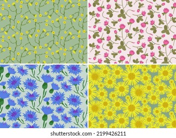 Colección de motivos sin fisuras con flores silvestres. Texturas naturales al estilo de las caricaturas.