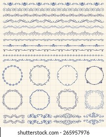 Collection of Seamless Pen Drawing Handsketched Doodle Vintage Borders and Frames. Design Elements. Vector Illustration