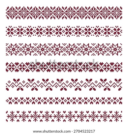 A collection of seamless pixel-style folk borders inspired by Nordic and traditional textile designs. These decorative patterns feature geometric motifs, snowflake elements, and symmetrical 