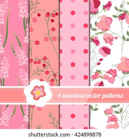 Collection of seamless red and pink patterns with stylized flowers. Endless texture for floral and romantic design, announcements, greeting cards, posters, advertisement.