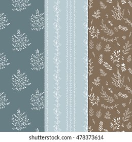 Collection of seamless scandinavian pattern. Floral and botanic background. Hand drawn texture. Vector illustration.