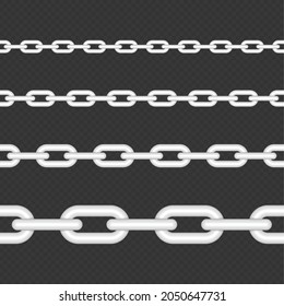 Collection Of Seamless Silver Metal Chains. Metal Chain Links In Realistic Style. Different Length Elements. Silver Metallic Chains Texture Isolated On Transparent Background. Vector EPS 10.