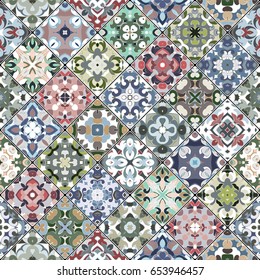 Collection of seamless square ornaments in Oriental style for scrapbooking, package design and patchwork. Diagonally laid rich vector pattern.