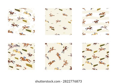 Collection of seamless steeplechase patterns with racing horses and hurdles on a light background