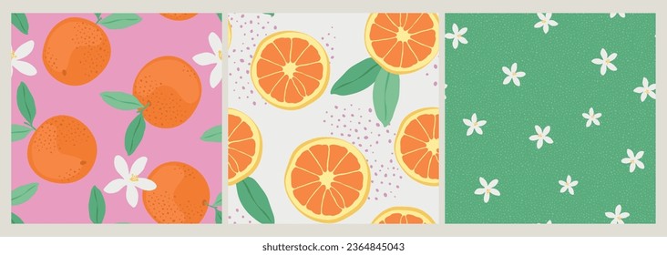 Collection of seamless strawberry themed patterns.  Trendy floral patterns for textile, wallpaper, decoration, poster. Vector illustration.