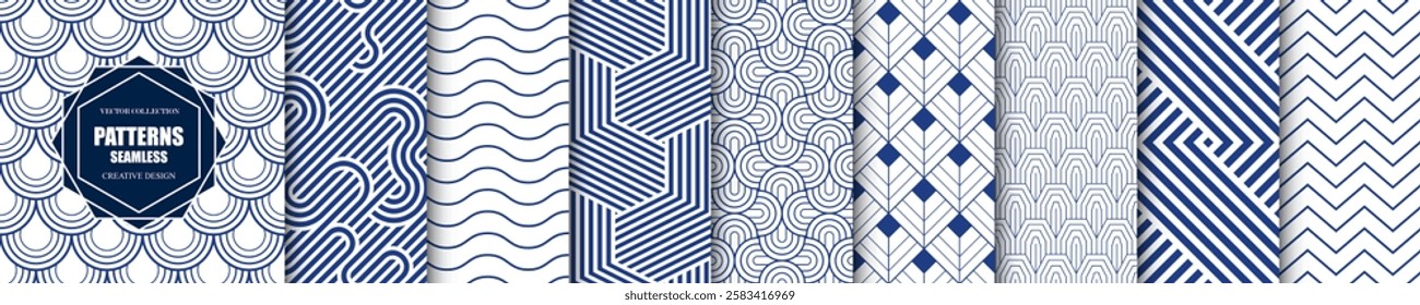 Collection of seamless striped decorative geometric patterns - ornamental elegant design. Blue and white repeatable fabric backgrounds. Symmetry endless textile prints.